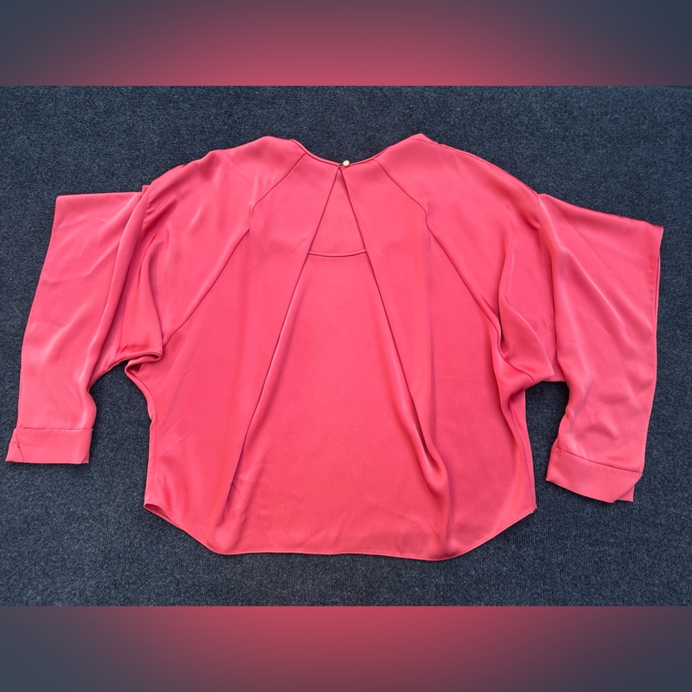 St. John Liquid Satin Blouse with Dramatic  Sleeves Crystal Buttons Coral Large - Picture 12 of 16